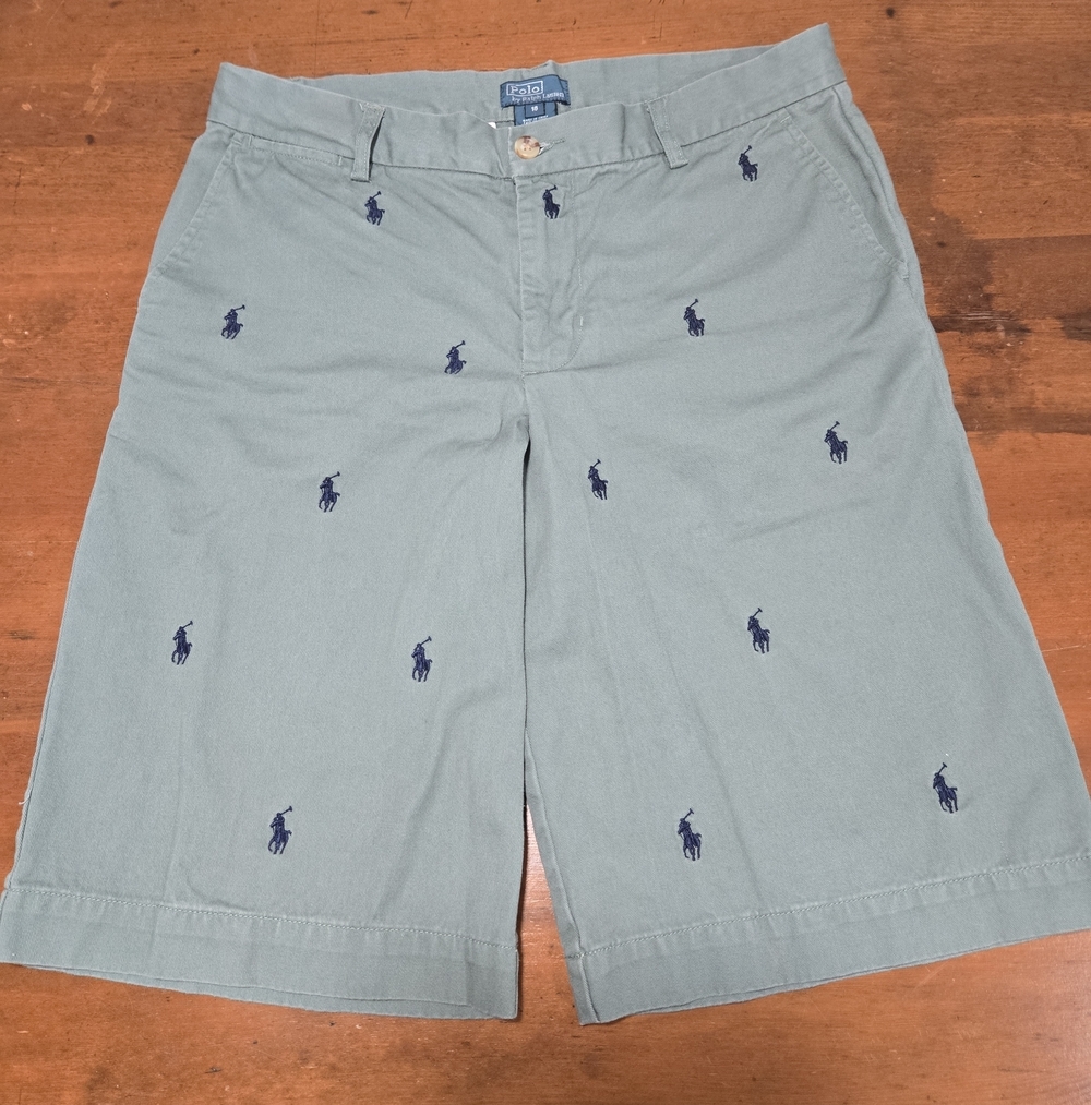 VTG 90s Polo Ralph Lauren Emroidered Pony All Over Green Bermuda Shorts Jorts 18
